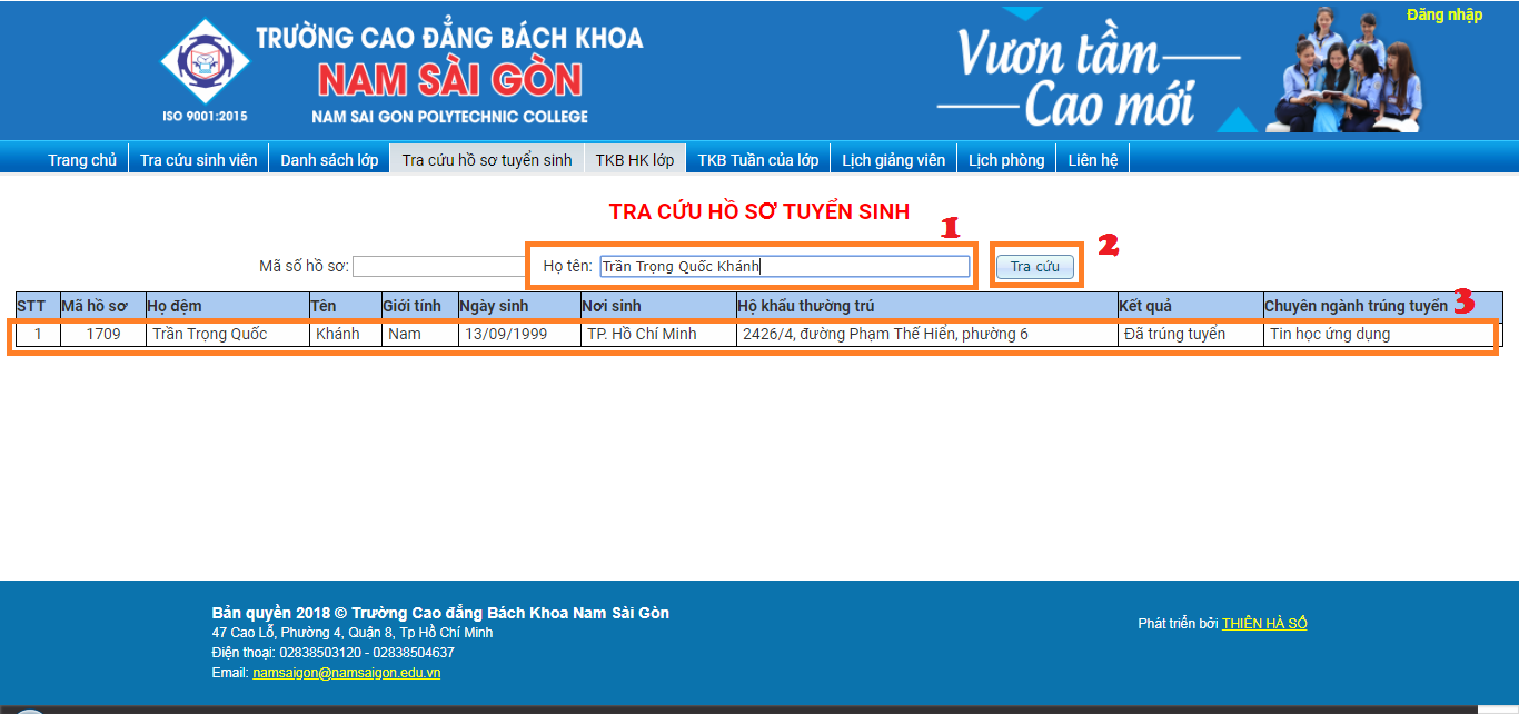 Tra cứu hồ sơ tuyển sinh - Trường Cao đẳng Bách khoa Nam Sài Gòn