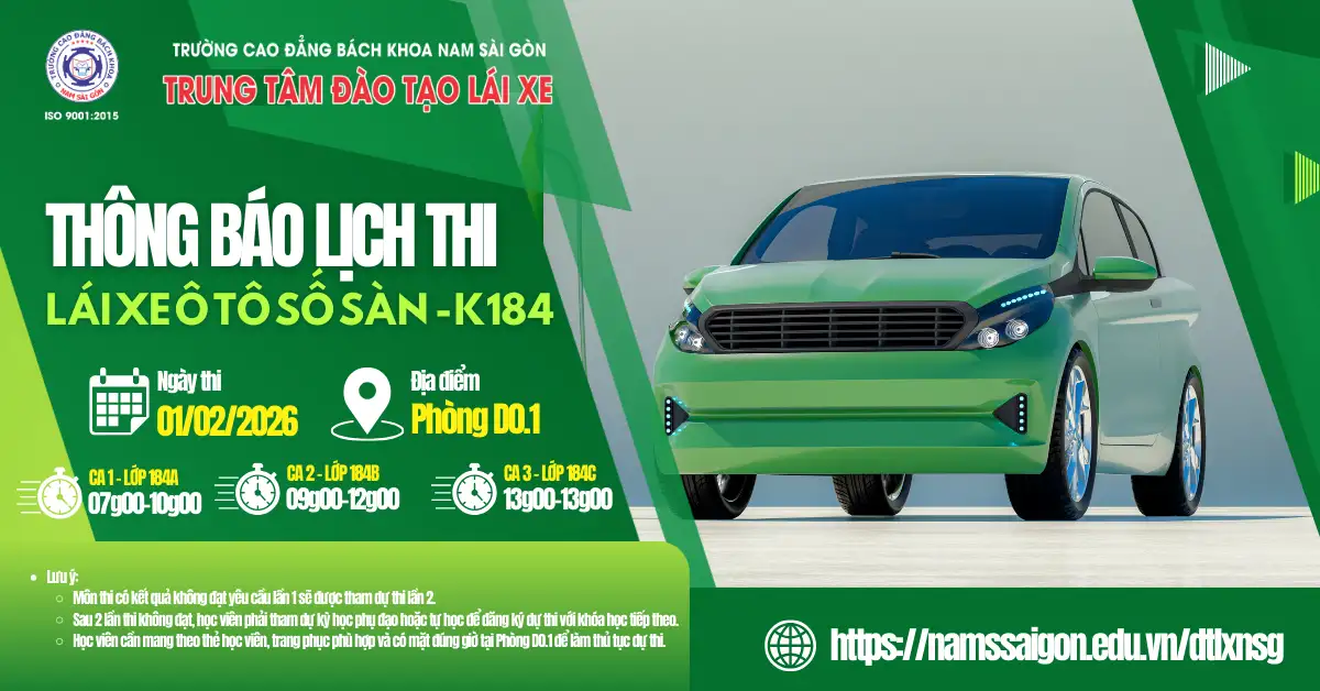 Thông báo về lịch thi kết thúc khóa học Nghề lái xe ô tô hạng B số sàn – khóa 184