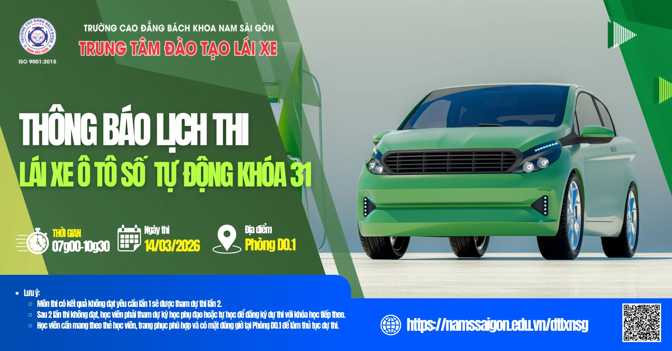 Thông báo về lịch thi kết thúc khóa học Nghề lái xe ô tô hạng B chuyển số tự động – khóa 31