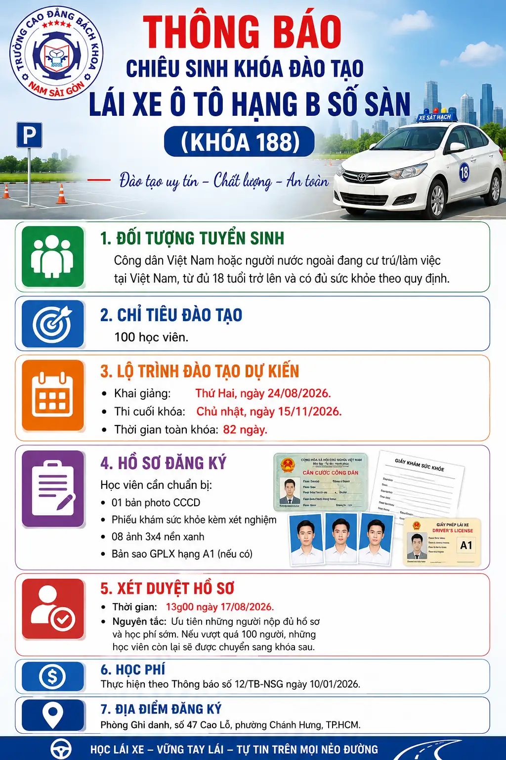 Thông báo về việc chiêu sinh khóa đào tạo lái xe ô tô hạng B số sàn (Khóa 188)