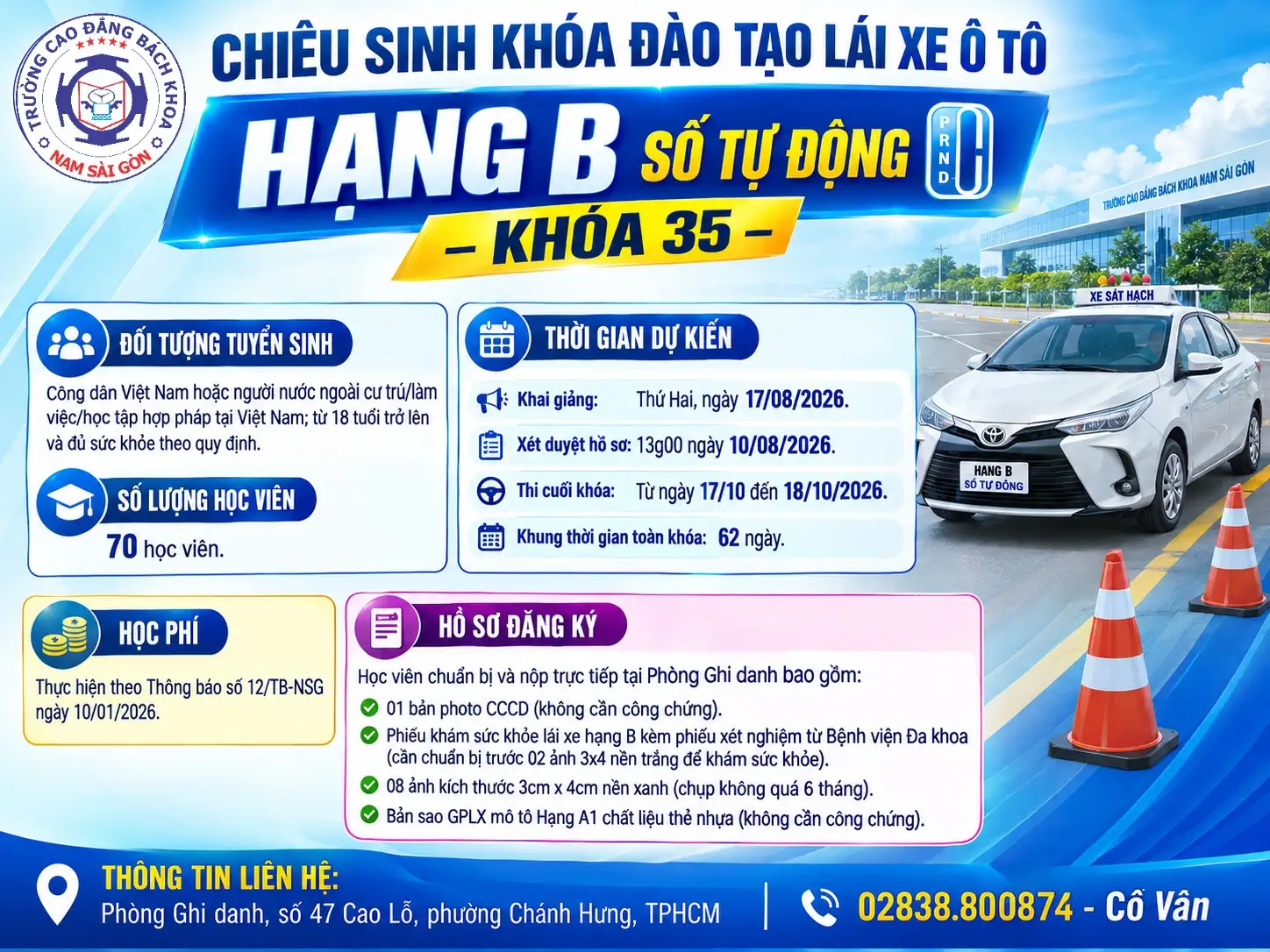 Thôn báo chiêu sinh khóa đào tạo lái xe ô tô hạng B số tự động – Khóa 35