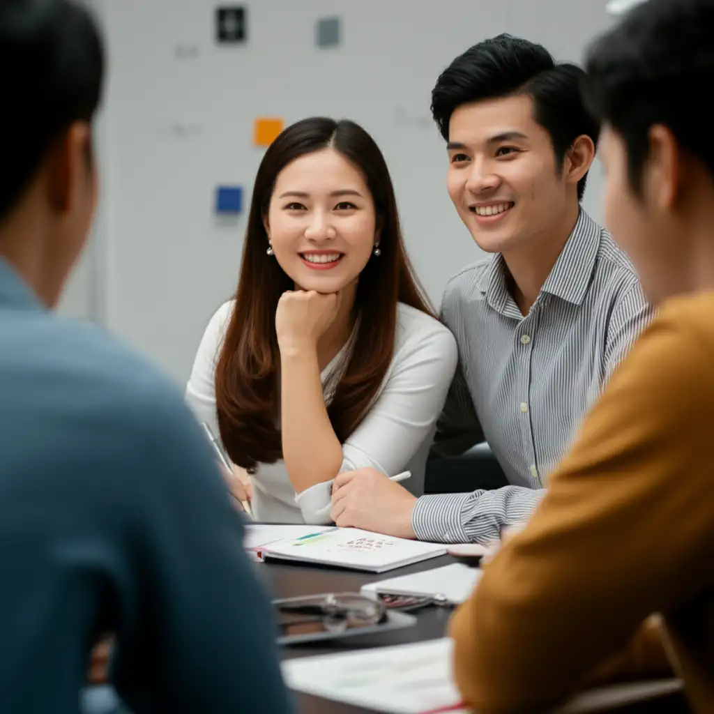 Hình ảnh một người mentor đang chia sẻ kinh nghiệm và lời khuyên cho sinh viên giúp họ định hướng nghề nghiệp