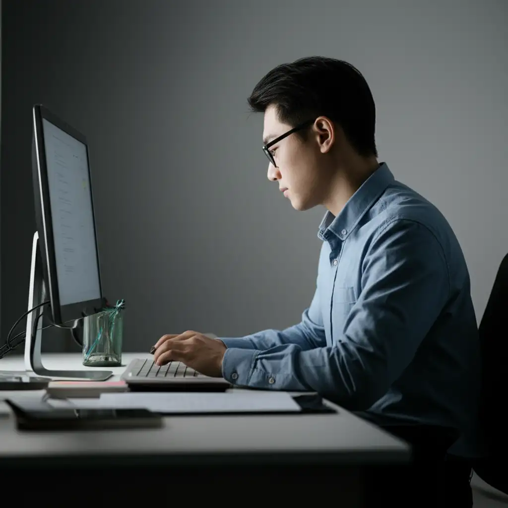 Lập trình viên đang tập trung làm việc với máy tính