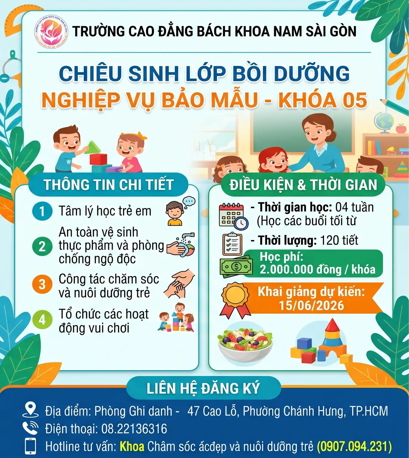 Thông báo về việc chiêu sinh lớp bồi dưỡng nghiệp vụ Bảo mẫu khóa 05/2026