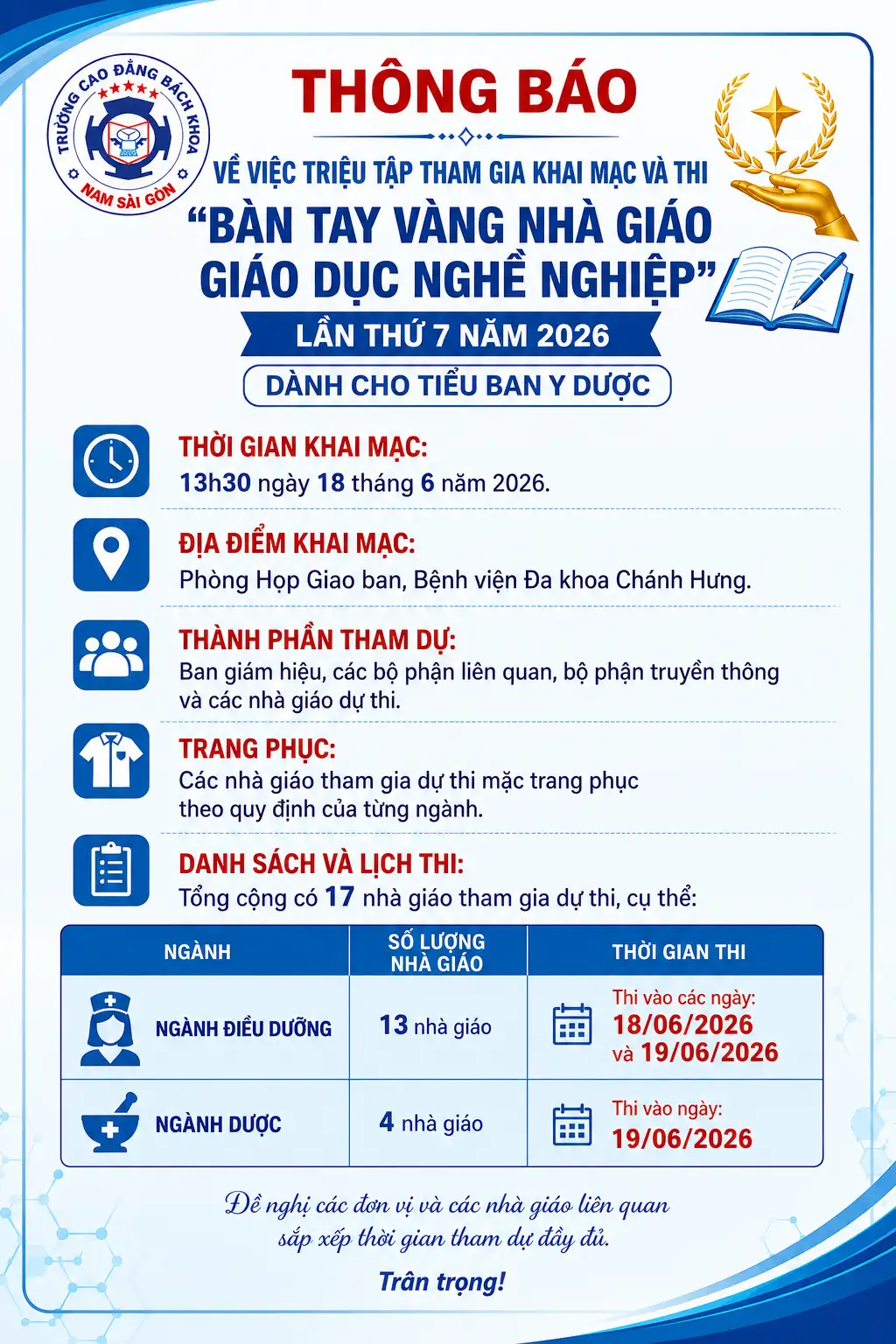 Thông báo về việc triệu tập tham gia khai mạc và thi “Bàn tay vàng Nhà giáo giáo dục nghề nghiệp” lần thứ 7 năm 2026 dành cho Tiểu ban Y Dược.
