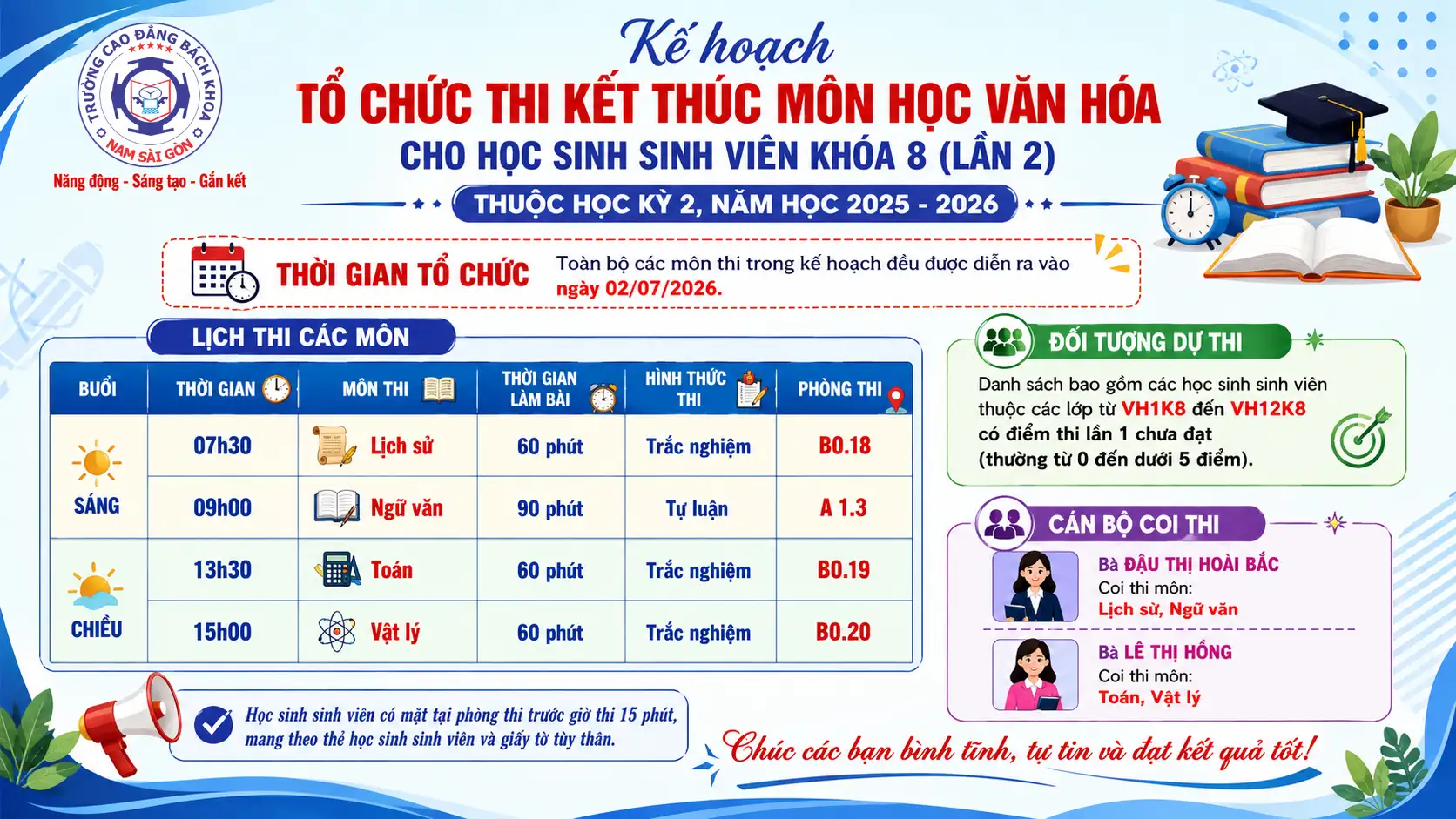 Kế hoạch tổ chức thi kết thúc môn học văn hóa cho học sinh sinh viên khóa 8 (lần 2) thuộc học kỳ 2, năm học 2025-2026.