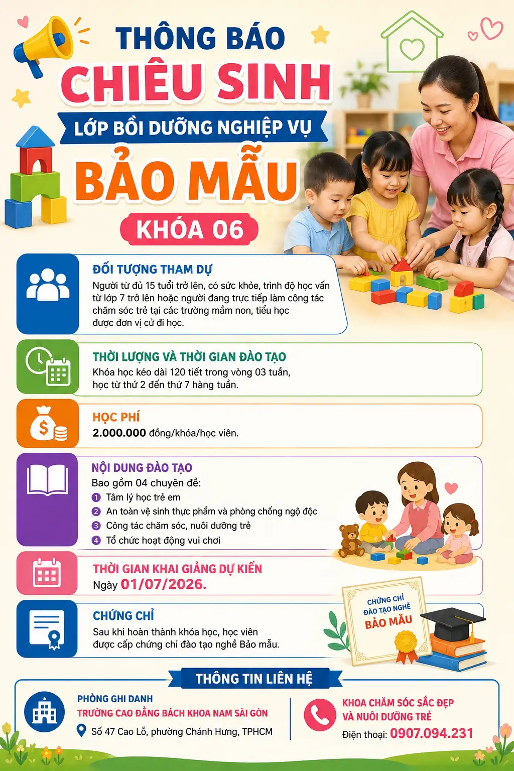 Thông báo chiêu sinh lớp bồi dưỡng nghiệp vụ Bảo mẫu khóa 06