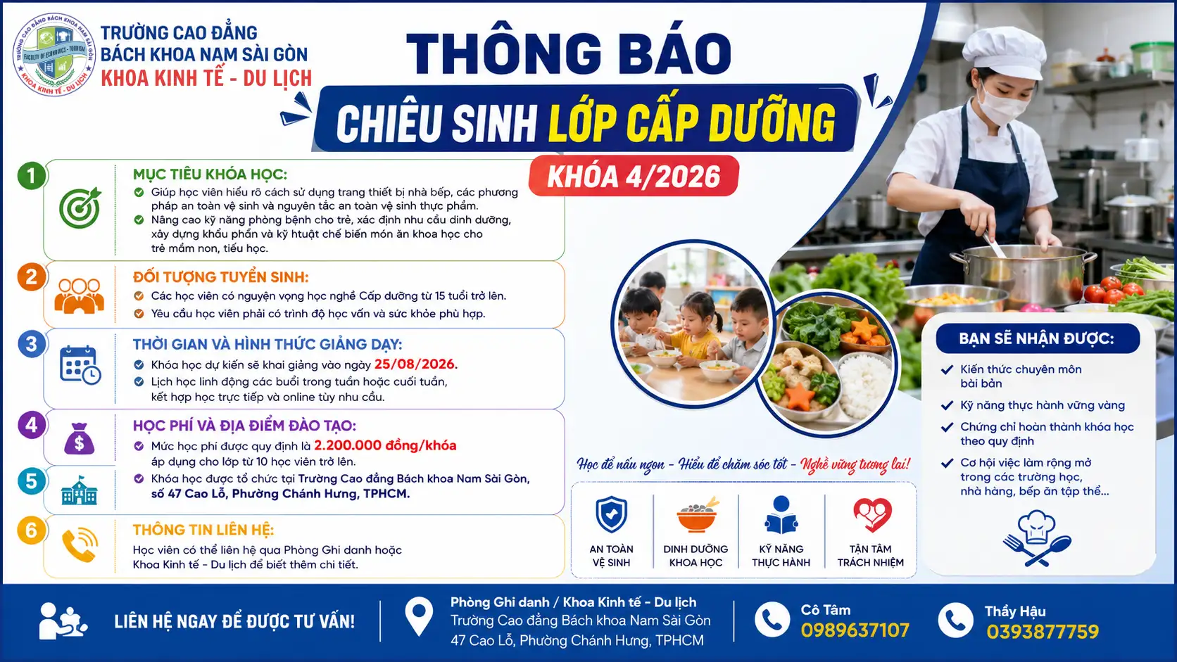 Thông báo chiêu sinh lớp Cấp dưỡng khóa 4/2026