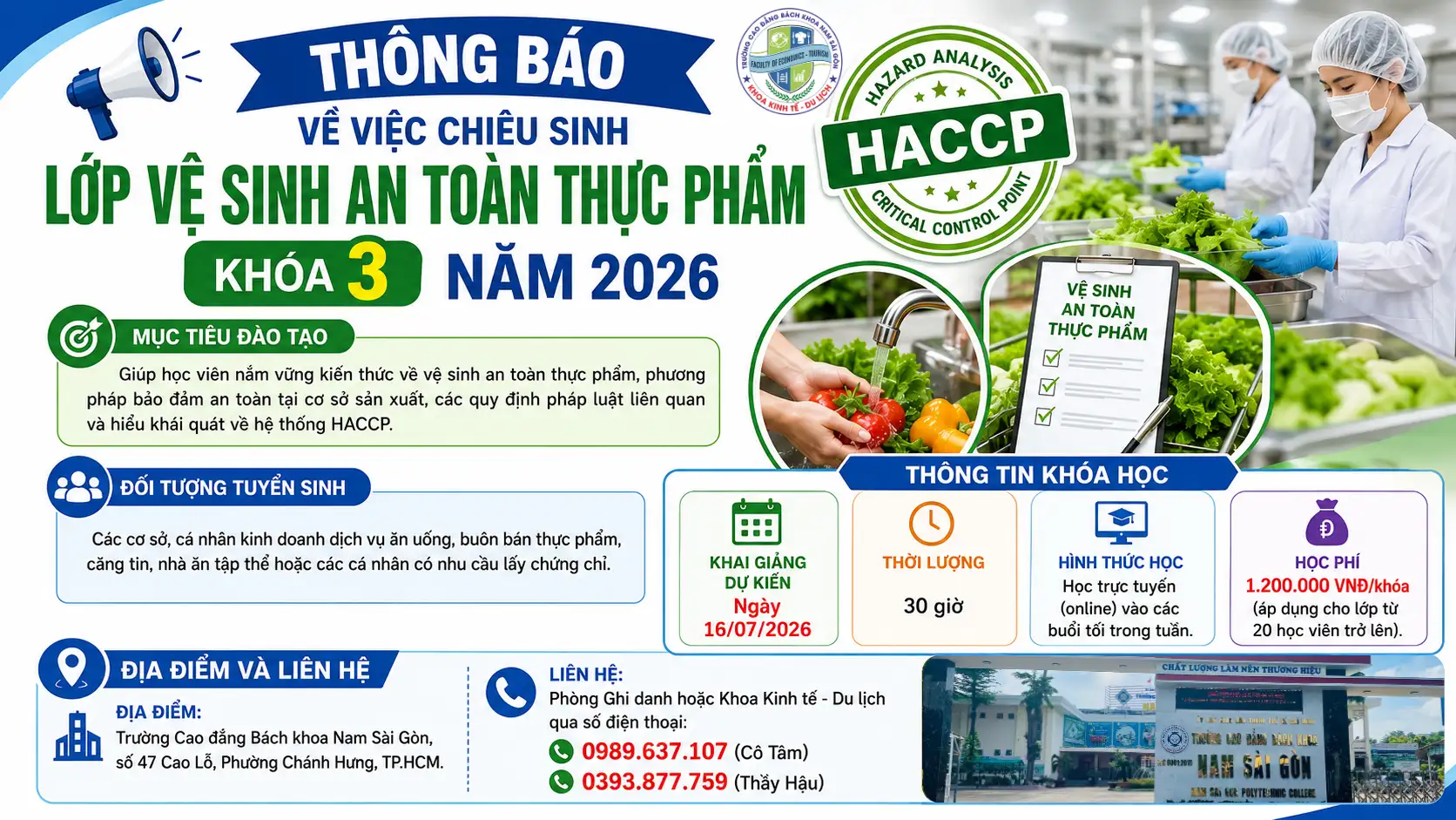 Thông báo về việc chiêu sinh lớp Vệ sinh an toàn thực phẩm khóa 3 năm 2026