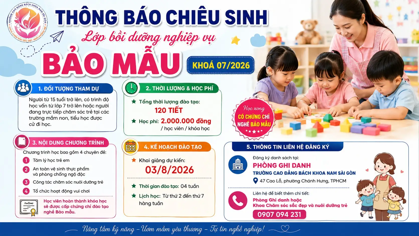 Thông báo chiêu sinh lớp bồi dưỡng nghiệp vụ Bảo mẫu khoá 07/2026
