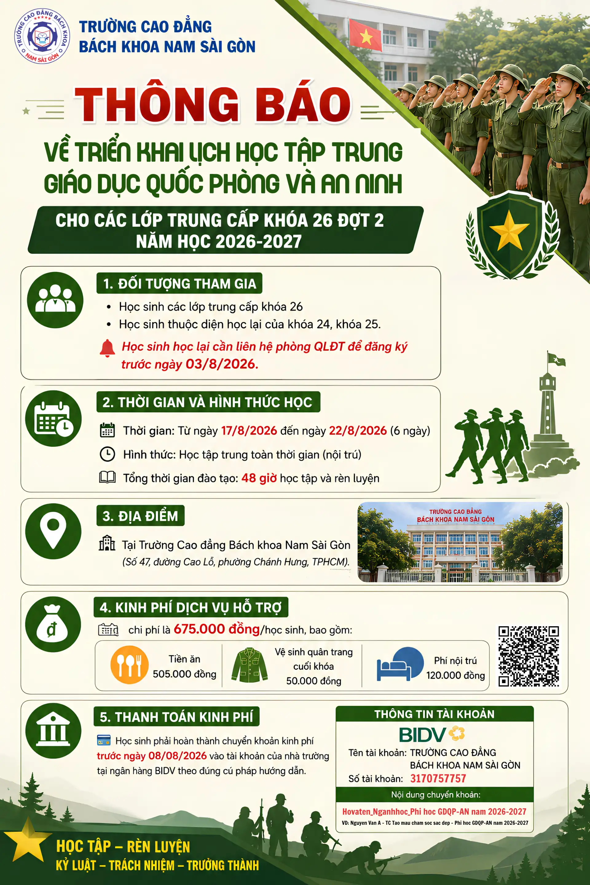 Thông báo về việc triển khai lịch học tập trung môn Giáo dục quốc phòng và An ninh (GDQP&AN) khóa 26 – Đợt 2: