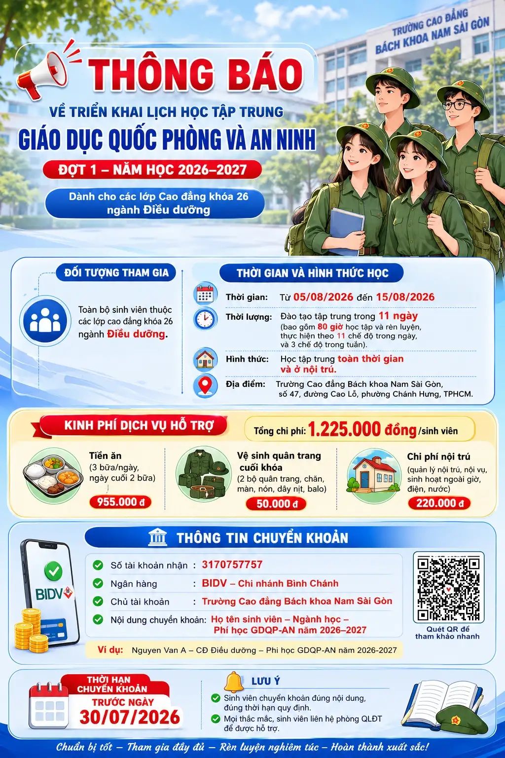 Thông báo về việc triển khai học tập trung môn Giáo dục Quốc phòng và An ninh (GDQP&AN) đợt 1 năm học 2026-2027 cho các lớp cao đẳng khóa 26, ngành Điều dưỡng