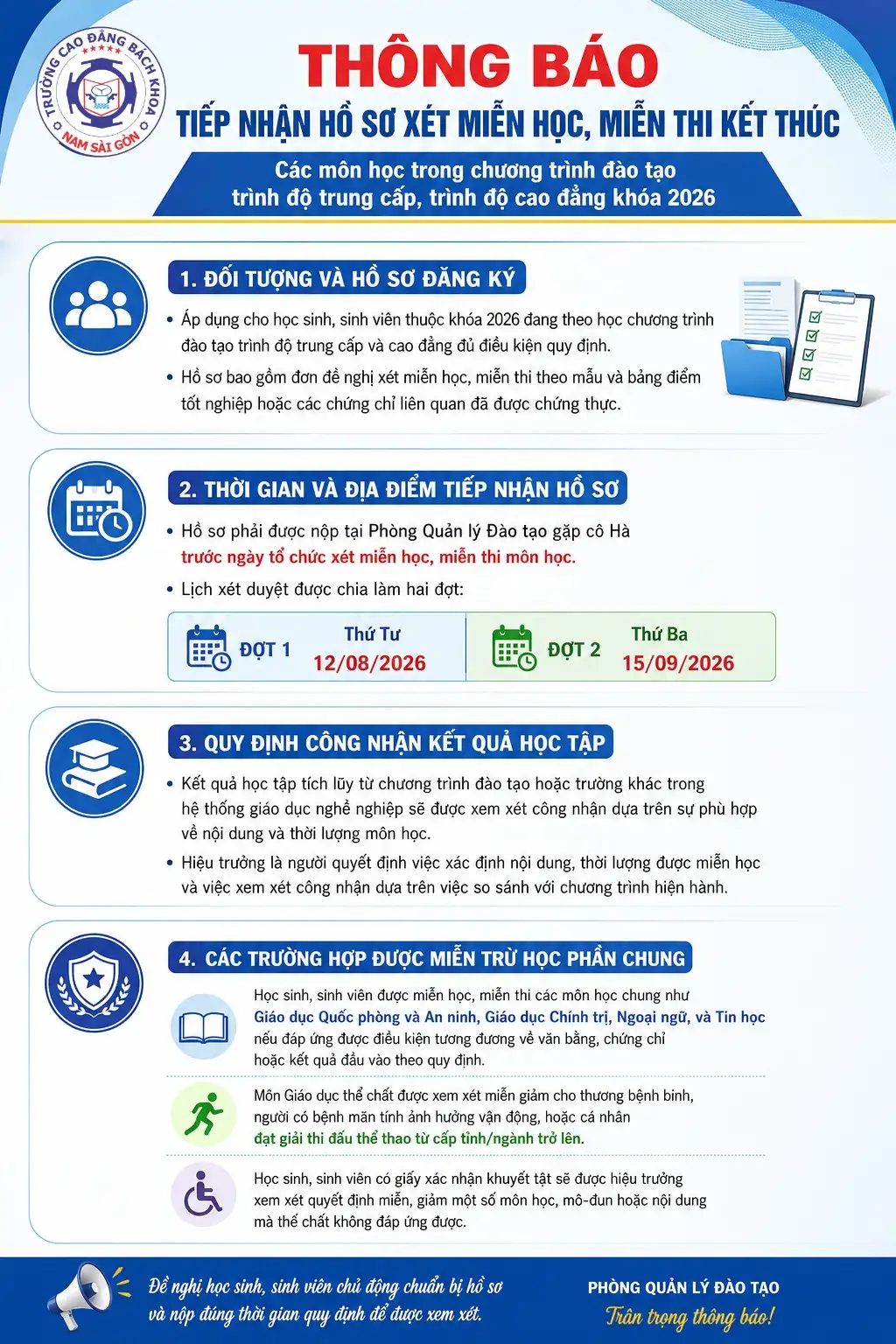 Thông báo tiếp nhận hồ sơ xét miễn học, miễn thi kết thúc các môn học trong chương trình đào tạo trình độ trung cấp, trình độ cao đẳng khóa 2026