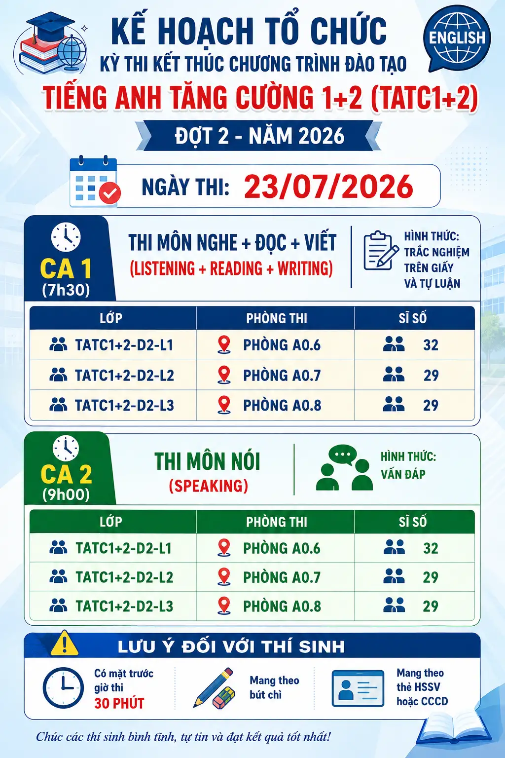 Kế hoạch tổ chức Kỳ thi kết thúc chương trình đào tạo Tiếng Anh tăng cường 1+2 (TATC1+2) – Đợt 2 – Năm 2026