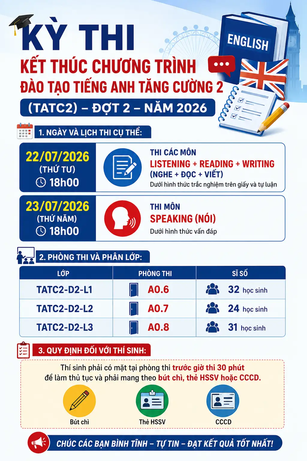 Kế hoạch kỳ Thi kết thúc chương trình đào tạo Tiếng Anh tăng cường 2 (TATC2) – Đợt 2 – Năm 2026.