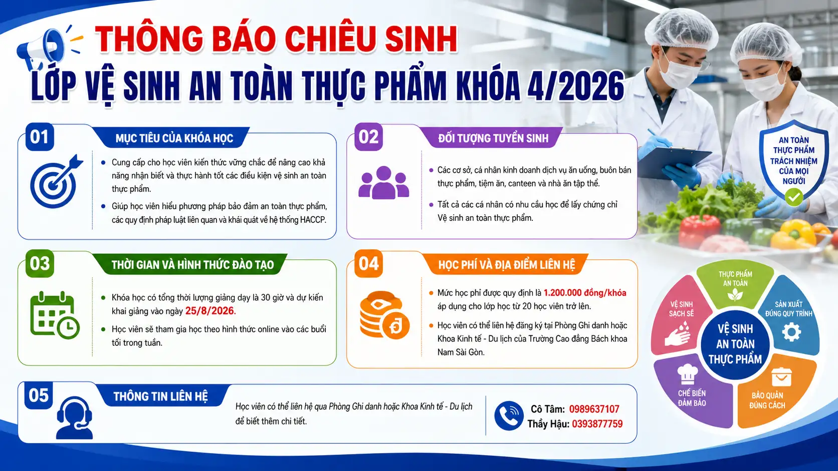 Thông báo chiêu sinh lớp Vệ sinh an toàn thực phẩm khóa 4/2026