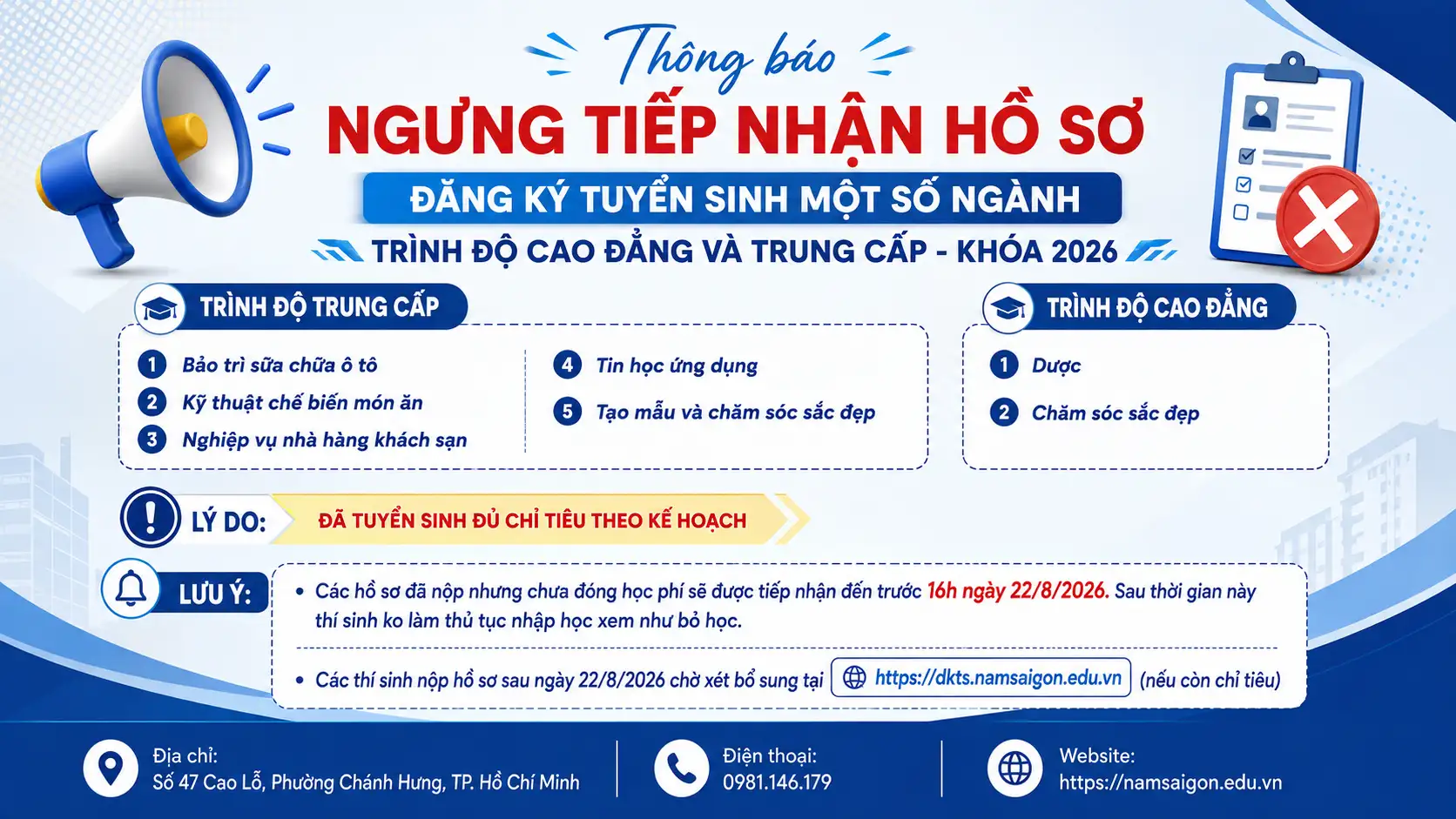 Thông báo về ngưng tiếp nhận hồ sơ đăng ký xét tuyển Khóa 2026 đối với một số ngành đào tạo thuộc trình độ Cao đẳng và Trung cấp