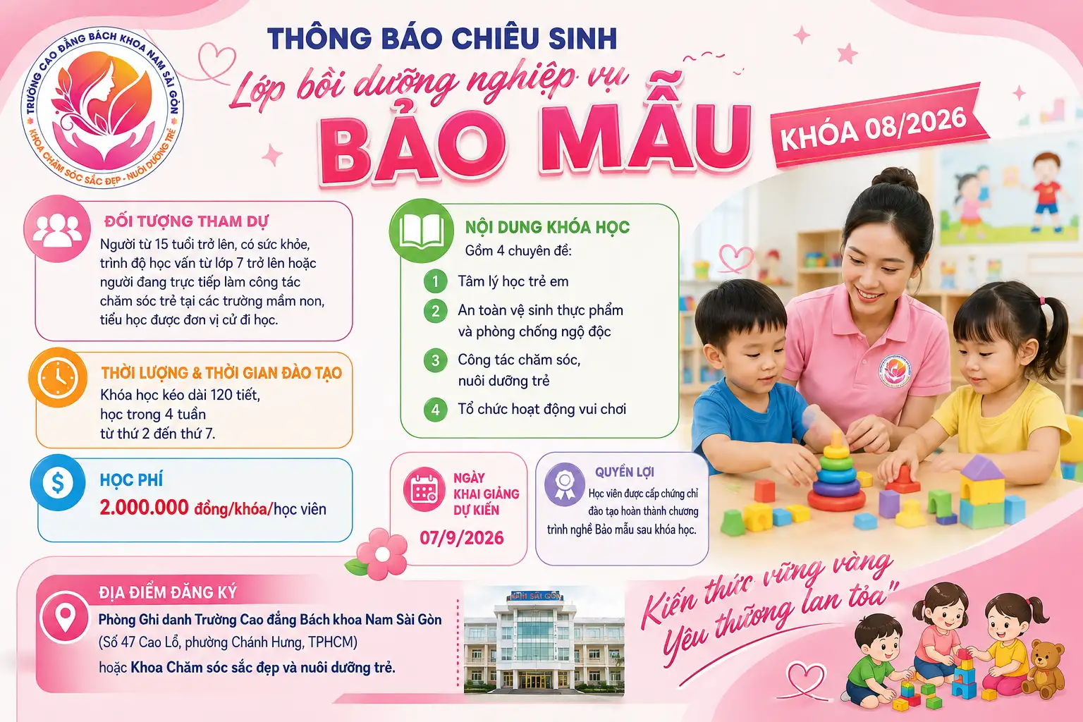 Thông báo chiêu sinh lớp bồi dưỡng nghiệp vụ Bảo mẫu khoá 08/2026