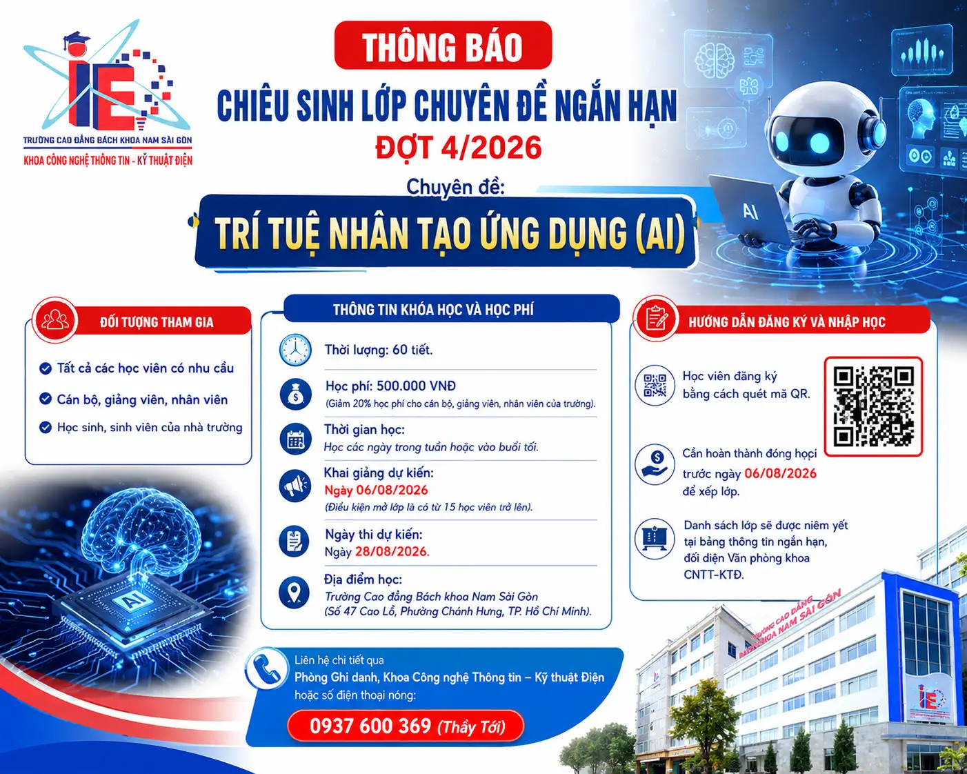 Thông báo Chiêu sinh lớp chuyên đề ngắn hạn đợt 4/2026 về “Trí tuệ nhân tạo ứng dụng (AI)”