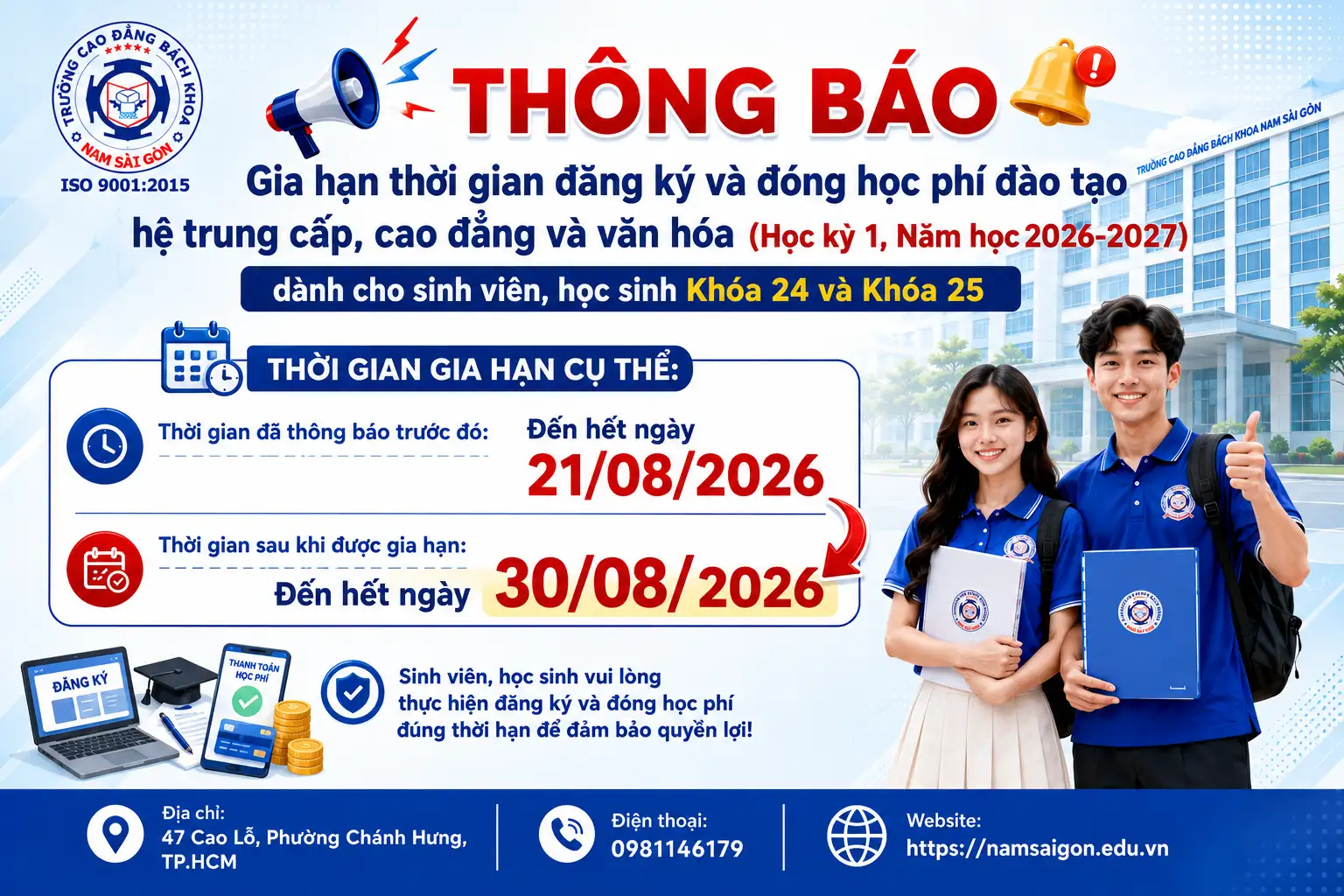 Thông báo Gia hạn thời gian đăng ký và đóng học phí đào tạo hệ trung cấp, cao đẳng và văn hóa (Học kỳ 1, Năm học 2026-2027) dành cho sinh viên, học sinh Khóa 24 và Khóa 25