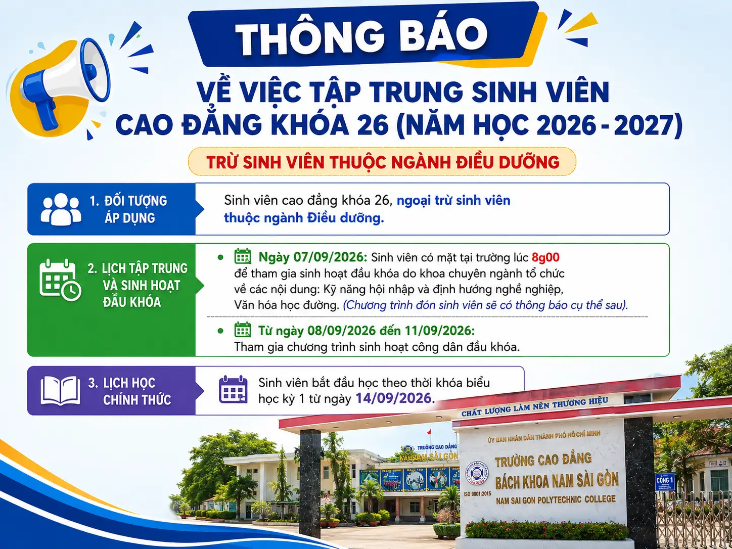 Thông báo về việc tập trung sinh viên cao đẳng khóa 26 (năm học 2026 – 2027)