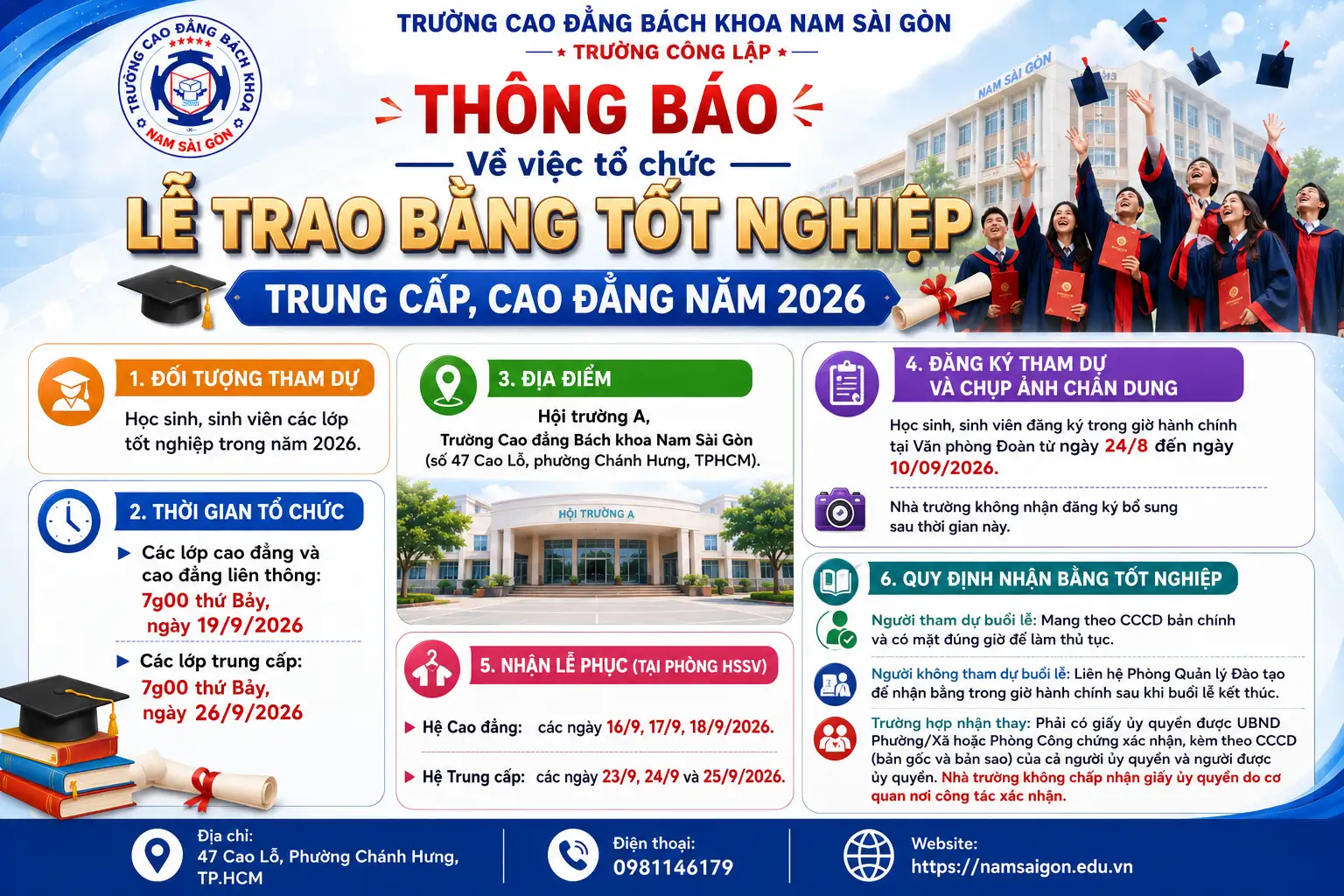 Thông báo về việc tổ chức Lễ trao bằng tốt nghiệp trung cấp, cao đẳng năm 2026