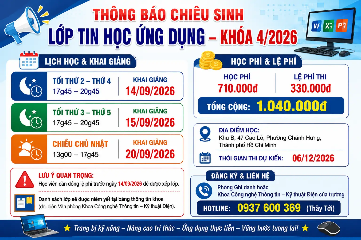 Thông báo chiêu sinh lớp Tin học ứng dụng Khóa 4/2026.