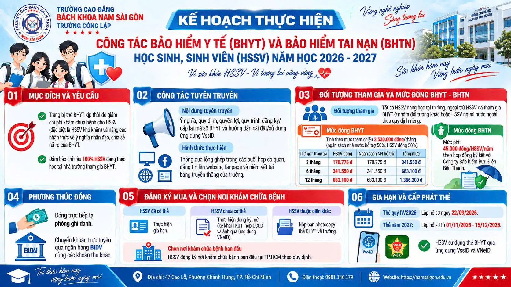 Kế hoạch thực hiện công tác Bảo hiểm y tế (BHYT) và Bảo hiểm tai nạn (BHTN) học sinh, sinh viên (HSSV) năm học 2026-2027