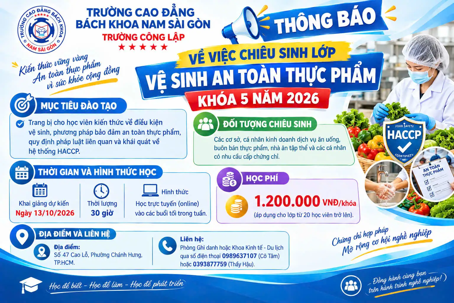 Thông báo chiêu sinh lớp Vệ sinh an toàn thực phẩm khóa 5 năm 2026