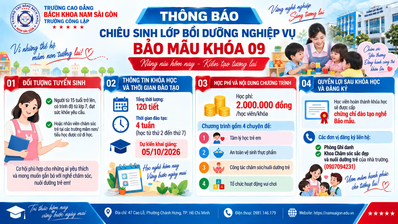 Thông báo Chiêu sinh lớp Bồi dưỡng nghiệp vụ Bảo mẫu khóa 09.