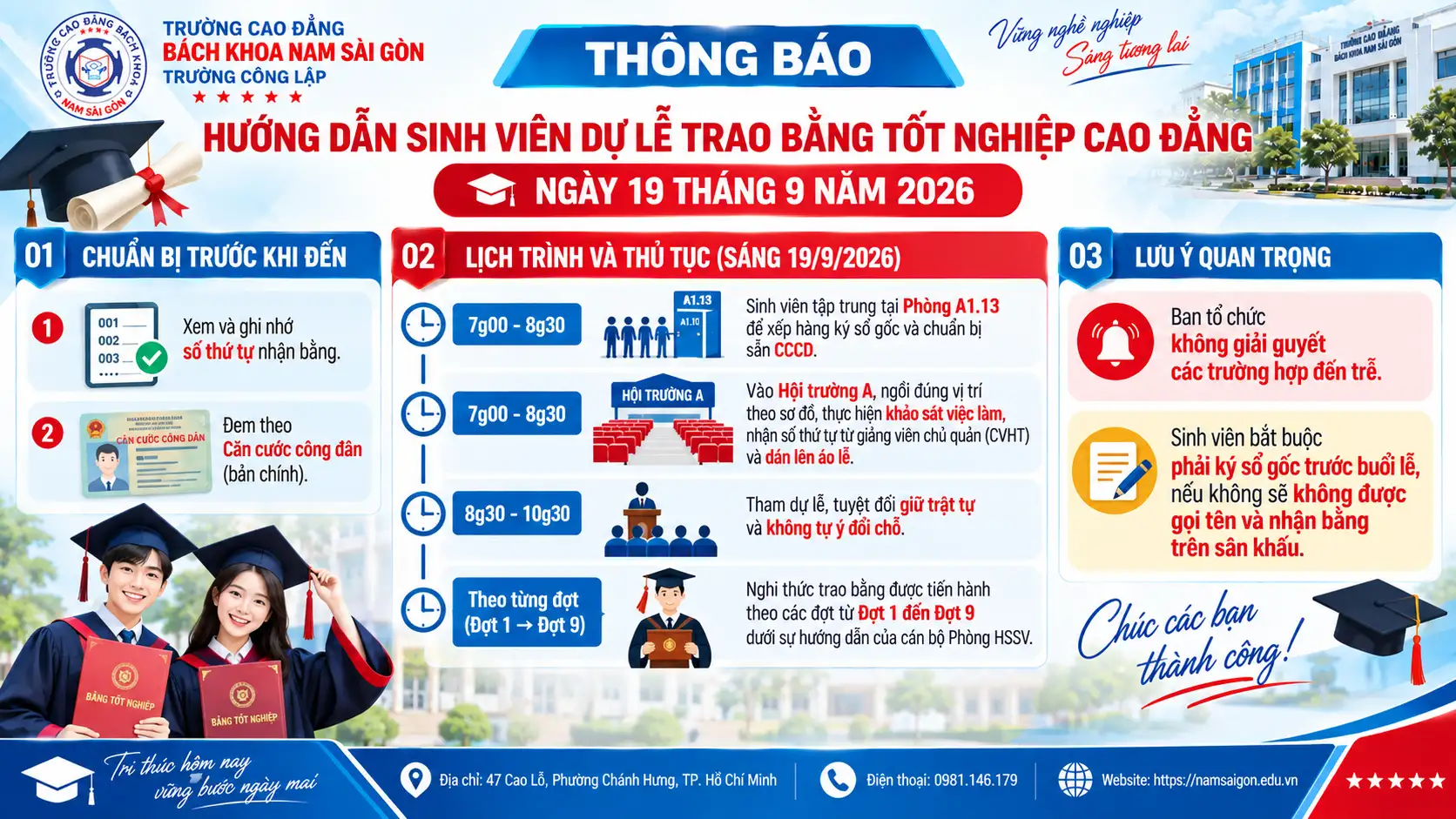 Thông báo hướng dẫn sinh viên dự Lễ trao bằng tốt nghiệp cao đẳng vào ngày 19 tháng 9 năm 2026.