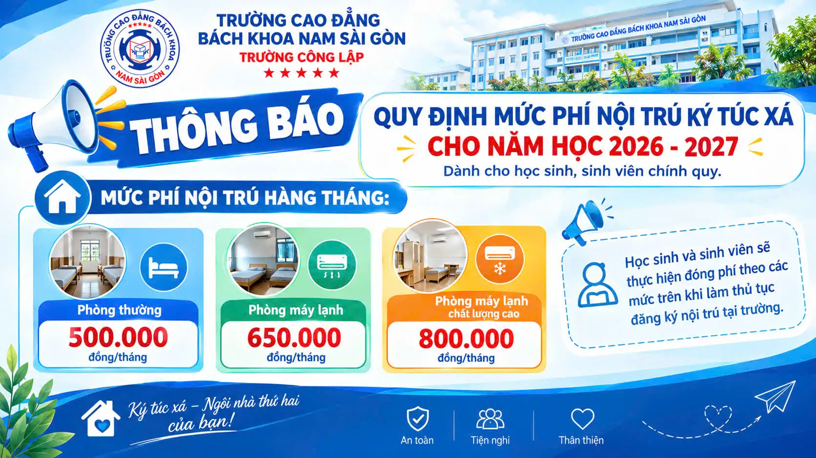 Thông báo về mức phí ở nội trú ký túc xá cho sinh viên trong năm học 2026 – 2027