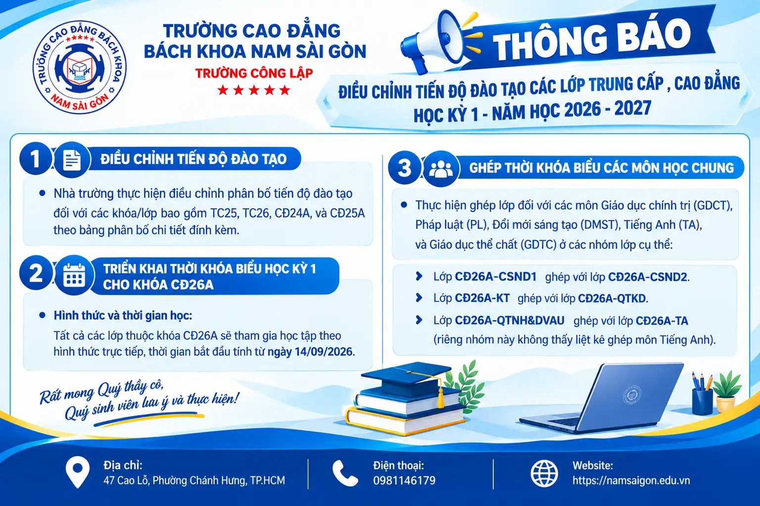 Thông báo điều chỉnh tiến độ đào tạo các lớp trung cấp , cao đẳng Học kỳ 1 – Năm học 2026 – 2027