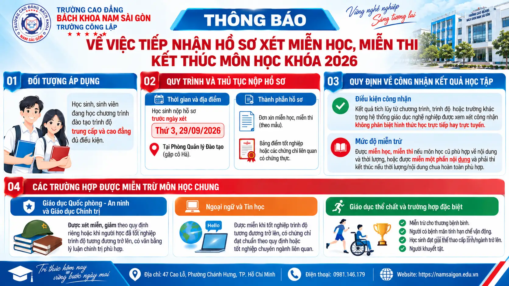 Thông báo về việc tiếp nhận hồ sơ xét miễn học, miễn thi kết thúc môn học khóa 2026.