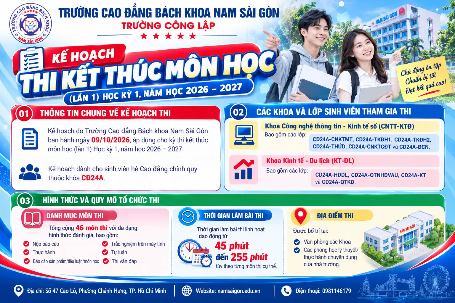 Kế hoạch thi kết thúc môn học áp dụng cho kỳ thi kết thúc môn học (lần 1) Học kỳ 1, năm học 2026–2027