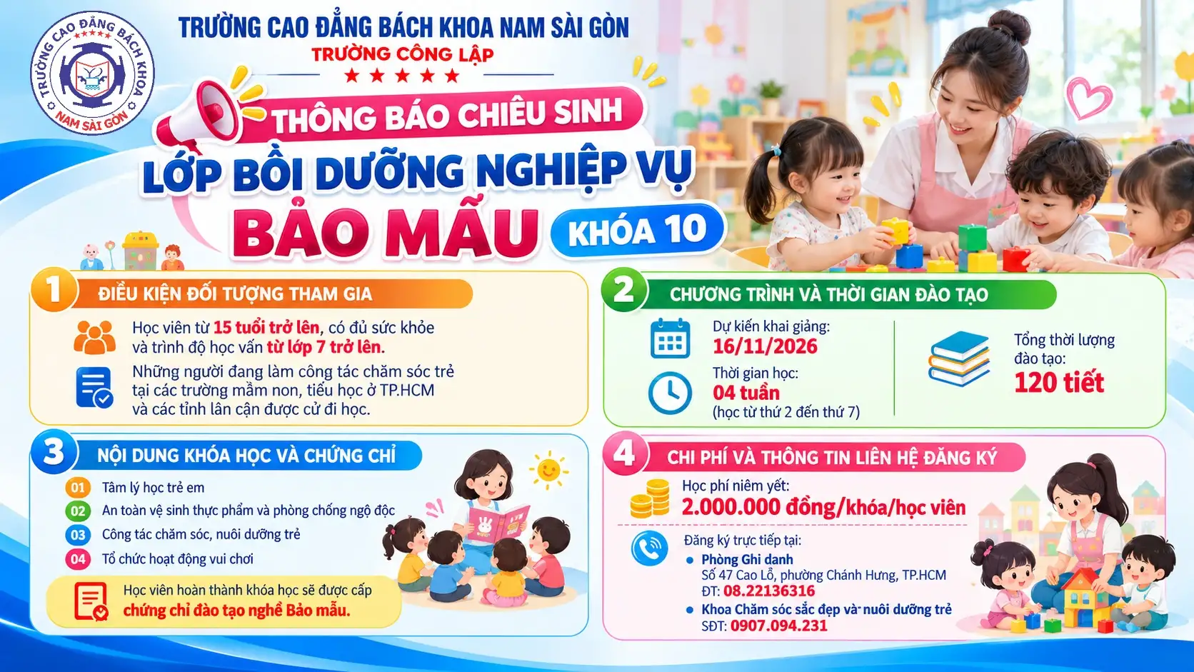 Thông báo chiêu sinh lớp Bồi dưỡng nghiệp vụ Bảo mẫu khóa 10 năm 2026