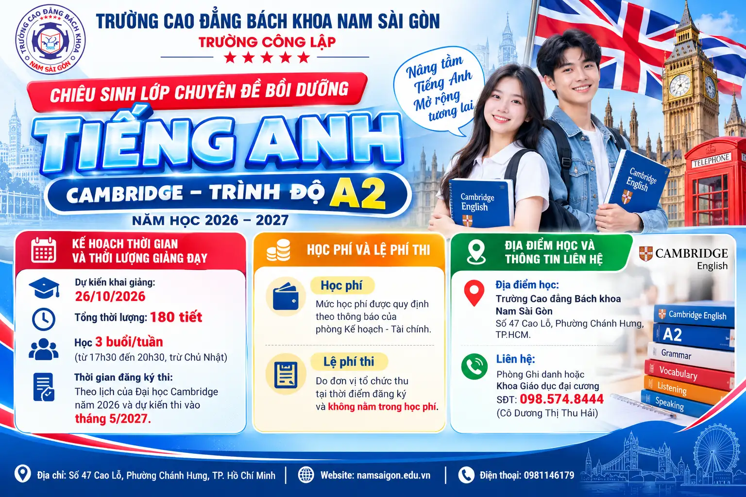 Thông tin chiêu sinh lớp chuyên đề bồi dưỡng Tiếng Anh (Cambridge – trình độ A2) cho năm học 2026-2027.